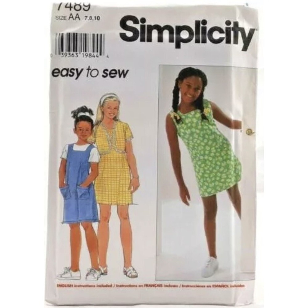 1997 Simplicity Sewing Pattern 7489 Girls Dress Jumper Jacket Sz 7-8-10 Vintage